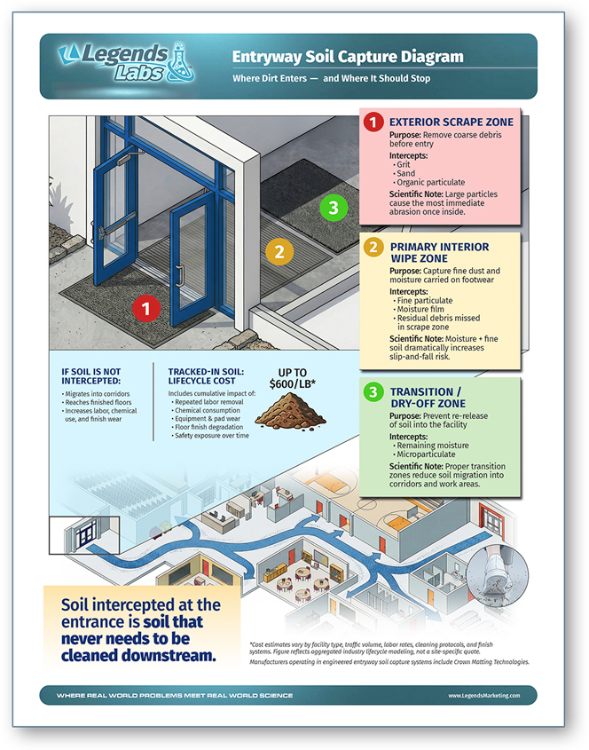 Entryway soil capture diagram — how soil enters and migrates through a facility