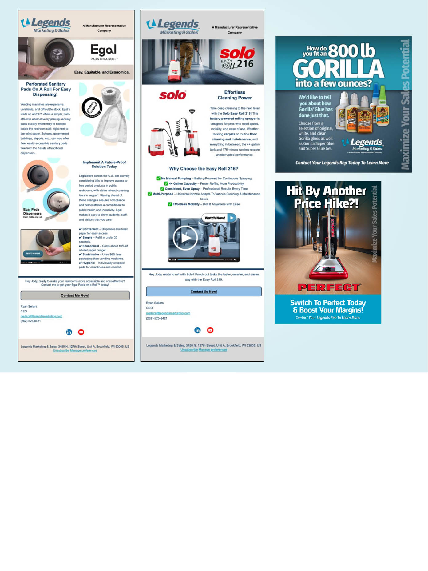 Print and digital collateral mockups produced by the Legends marketing team