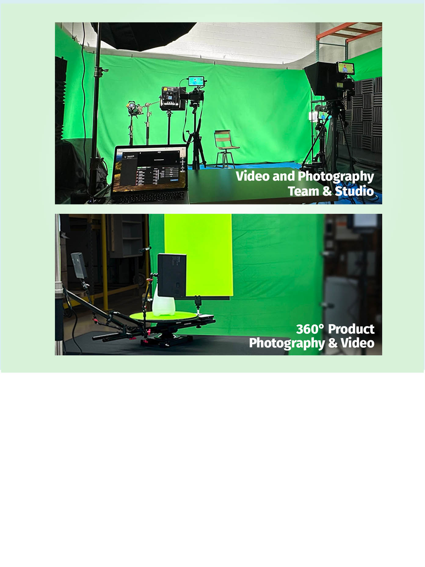 Legends video and photography studio with green screen and 360-degree product capture