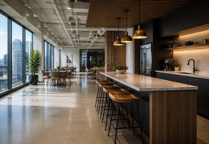 Design: a finished workplace cafe with a wood-topped counter, stools, and city views