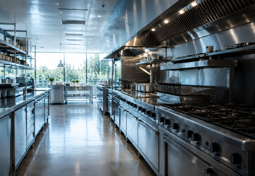Foodservice: a stainless commercial kitchen line with gas ranges beneath an extraction hood