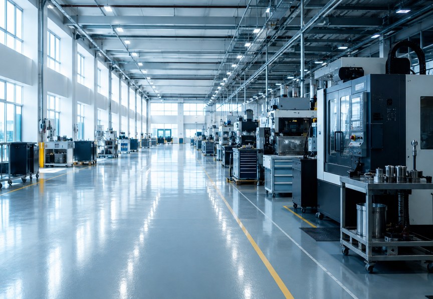 Industrial: a manufacturing plant aisle lined with CNC machining equipment