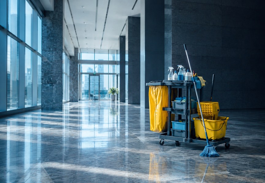 Janitorial: a stocked cleaning cart with mop and bucket in a bright glass-walled lobby corridor
