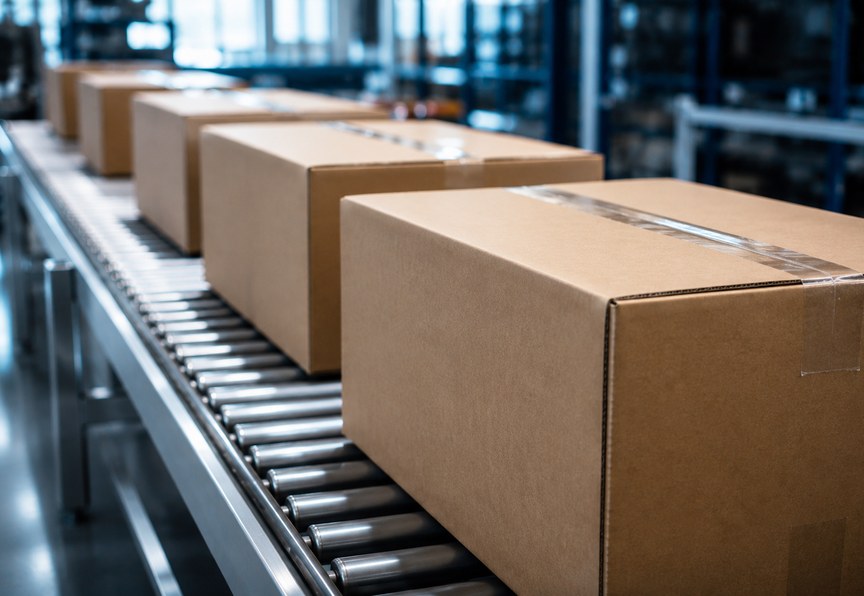 Packaging: sealed corrugated cartons moving along a roller conveyor