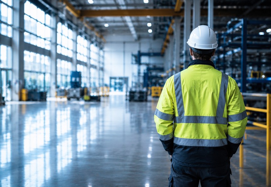 Safety: a worker in a hard hat and high-visibility jacket on a warehouse floor