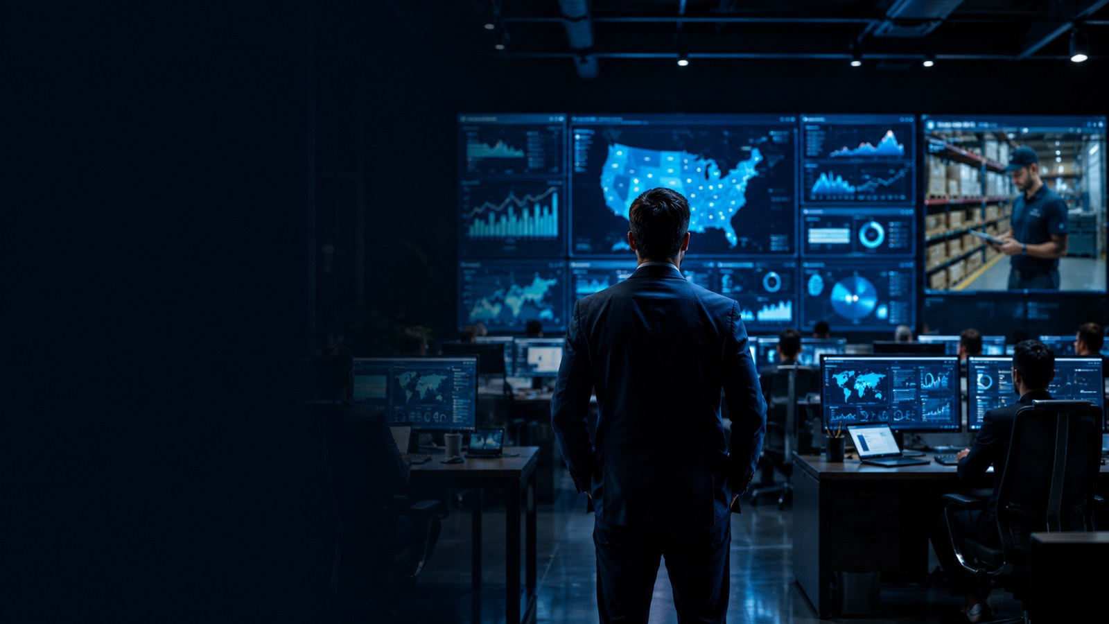 An operations command deck: an analyst facing a wall of live sales, territory, and distribution dashboards above a working floor