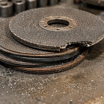 A stack of resin-bonded abrasive discs left loose on a workbench, the top disc delaminated and torn at one edge, swarf and coolant scattered across the surface around them.