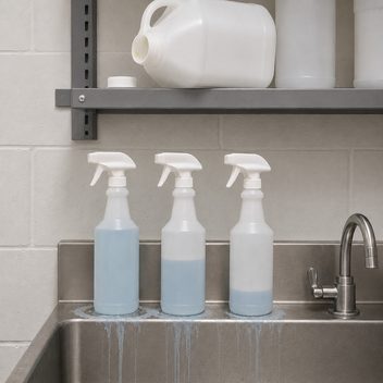 A janitorial closet utility sink with three identical unmarked spray bottles standing in a row, each filled to a visibly different level, dried pale blue chemical residue pooled around their bases and running down the front of the sink; on the shelf above, a large opaque jug lies tilted forward with its cap off beside it, and the wall carries no dispenser, proportioner or metering equipment of any kind.
