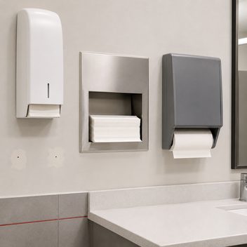Three paper towel dispensers mounted along one restroom wall, each a different make — a tall white plastic cabinet, a recessed brushed stainless unit and a boxy grey plastic roller unit — at three different heights and holding three incompatible paper formats; beside them two patched screw holes show where an earlier unit was removed.