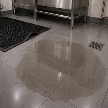 A smooth glazed tile floor beside a stainless dish table with a broad shallow pool of water standing on it, its edge scalloped across tile and grout and the tile beneath darkened; the floor drain sits at one side with dry tile between it and the pool, and the only rubber matting lies well clear of the water on dry tile with one corner curled up.