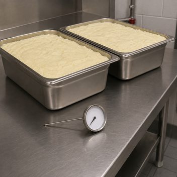 Two deep stainless pans filled to the brim with a dense pale product standing directly on a flat prep counter with no ice, no water bath and nothing beneath them, and a round probe thermometer with a blank dial lying loose on the bare stainless beside them with no holder, no calibration cup and no dedicated station anywhere on the surface.