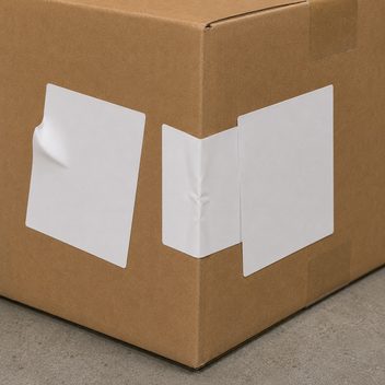 The corner of a plain kraft shipping carton carrying three blank white labels applied without any placement standard: one folded and buckled down the vertical corner edge so neither half lies flat, one rotated off square on the front face with a corner peeled and curling away, and a third stuck down across the edge of the corner label, covering part of it.