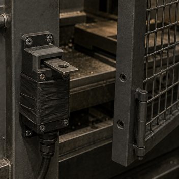 A tongue-style safety interlock with the actuator tongue inserted into the switch head and the switch body wrapped in tape, while the mesh guard door it belongs to stands open beside it, its mounting holes empty.