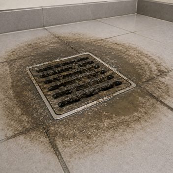 A square stainless floor drain set into restroom tile, its slots packed and blocked with dark wet sludge, a heavy ring of dried scum layered on the tile around it in tide lines fading outward across several tiles, the grout radiating away from it stained dark, and a film of stale water standing beside the grate; tile at the edges of the frame is clean and pale by comparison.