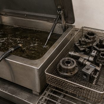 An open parts washer with a dark, heavily loaded bath and a hose fitting at the rim, a wire basket of freshly washed machined components draining on the deck beside it.