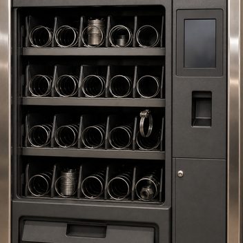 The front of an industrial vending unit, most dispensing coils empty, one hose clamp hung on the end of a coil without dropping, blank display panel.