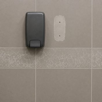 A restroom tile wall with a plain unmarked dispenser mounted straddling a grout joint rather than centred on a tile, a lighter patched hole from a previous unit beside it with two old screw positions still showing, and a band of chalky etched tile crossing the wall at waist height between undamaged tile above and below.
