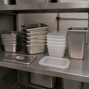 A kitchen storage shelf holding four incompatible families of food pans — one stainless stack nesting square and tight, a second stainless stack of different depth splaying apart because its rims will not seat, a stack of translucent plastic containers on a different footprint, and one deep pan standing alone — with two loose lids of different sizes lying on the shelf matching nothing present.