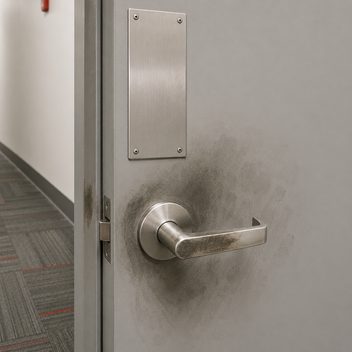 A corridor door where the stainless push plate is bright and evenly finished while the lever handle below it is clouded with a dark greasy film across the grip and still bright at its far end, a broad halo of overlapping hand marks fading outward from the handle across the painted door face, and a smaller grimy patch on the door edge at fingertip height.