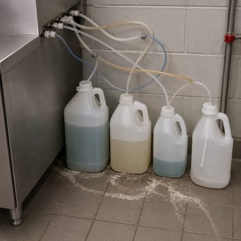 Four mismatched unlabelled chemical jugs standing beside a commercial dish machine, different shapes and sizes with contents at four different levels — one nearly full, one half, one low, and one empty with its pickup tube hanging in air — their feed lines crossing each other in loose unsecured loops, and pale crusted residue dried on the tile beneath where containers have been changed.