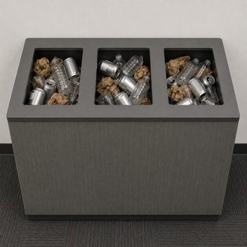 A three-stream waste and recycling station with three identical unmarked rectangular openings in a row, each holding the same jumbled mixture of crushed cans, plastic bottles, crumpled paper and cups, so no stream is sorted differently from its neighbours.