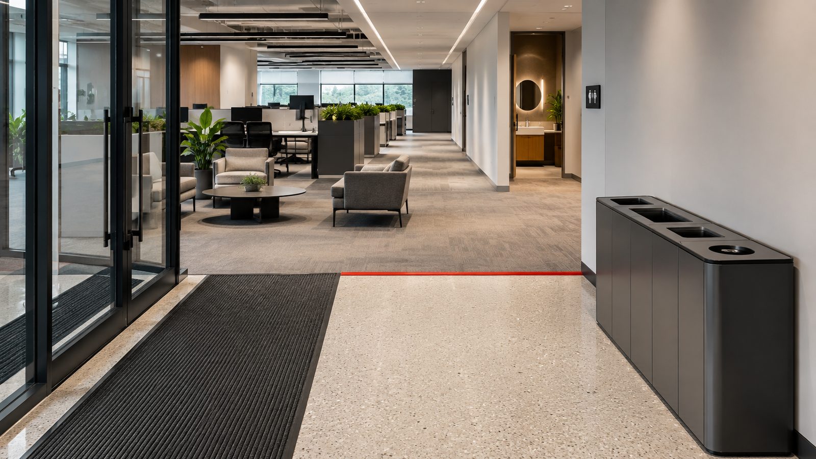 A modern office entrance seen from inside the vestibule: a long dark entry mat on terrazzo, a red threshold line where the terrazzo meets carpet tile, a soft-seating cluster and open workstations beyond, a multi-stream waste and recycling station at right, and a corridor leading to a restroom.