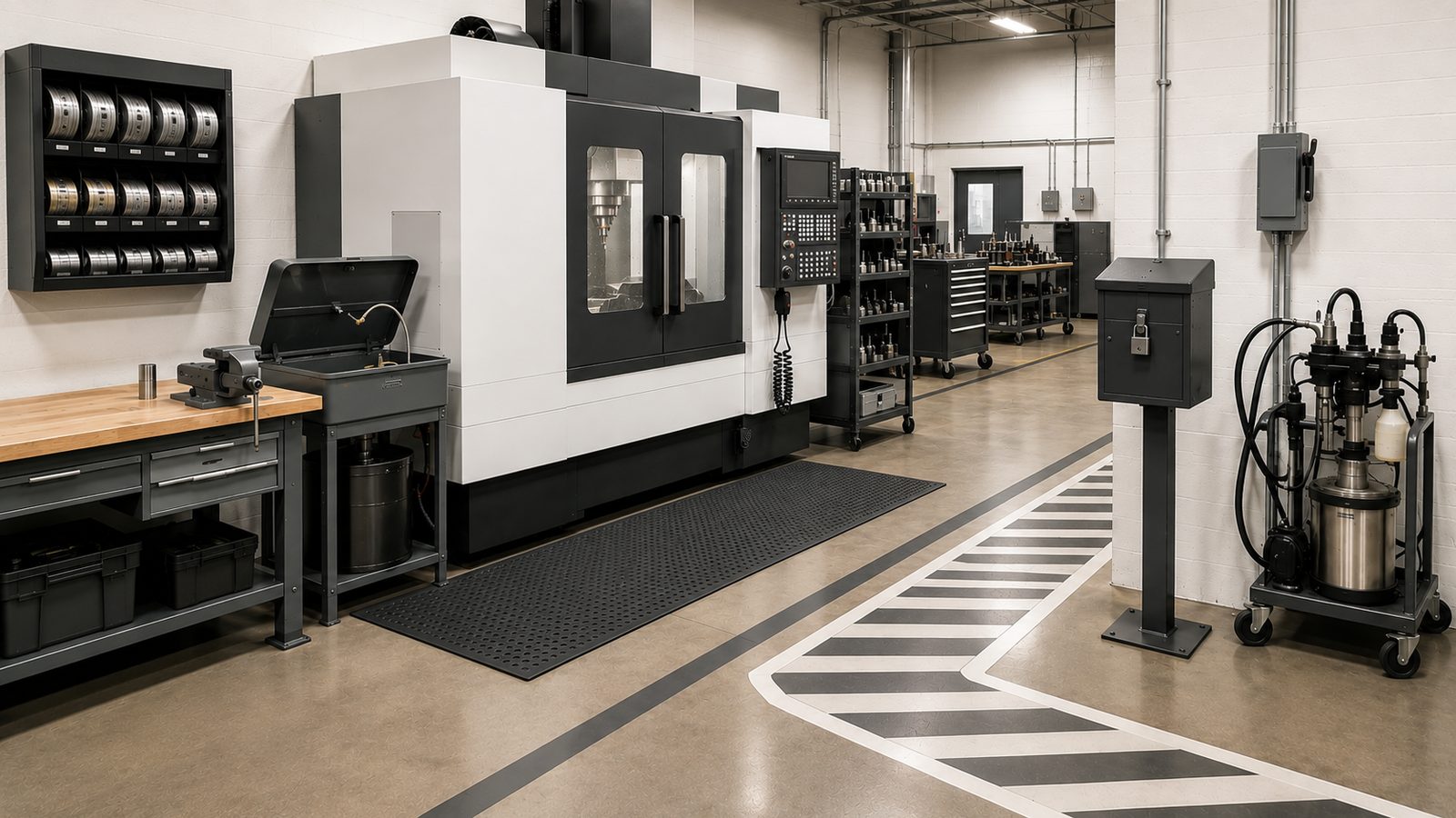 A clean machining and MRO bay. A CNC vertical mill stands at centre with its control pendant and tool rack alongside; to the left, a wood-topped workbench with a bench vise and an open parts washer. At right, a lockout box on a pedestal stand, a wall-mounted electrical disconnect, and a wheeled lubrication cart with stainless reservoirs. Charcoal-and-white chevron markings define a keep-clear aisle across polished concrete.