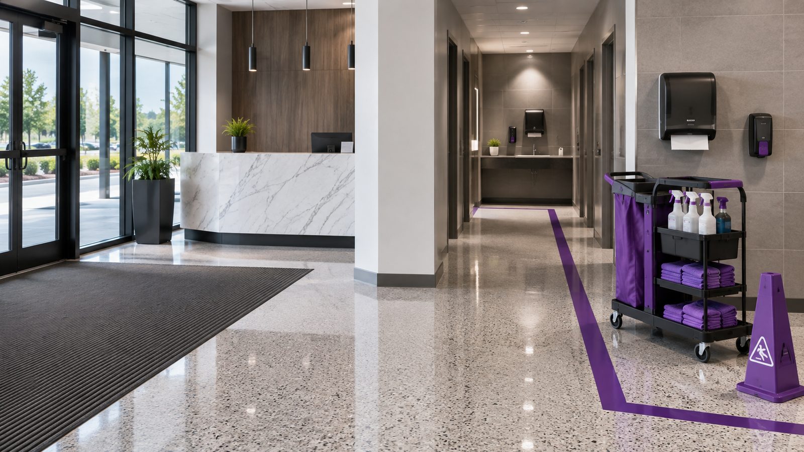 A commercial lobby looking through to a restroom corridor: dark entry matting inside the doors, a polished terrazzo floor, wall-mounted towel and soap dispensers, and a purple janitorial cart stocked with spray bottles and folded microfibre towels beside a wet-floor cone.