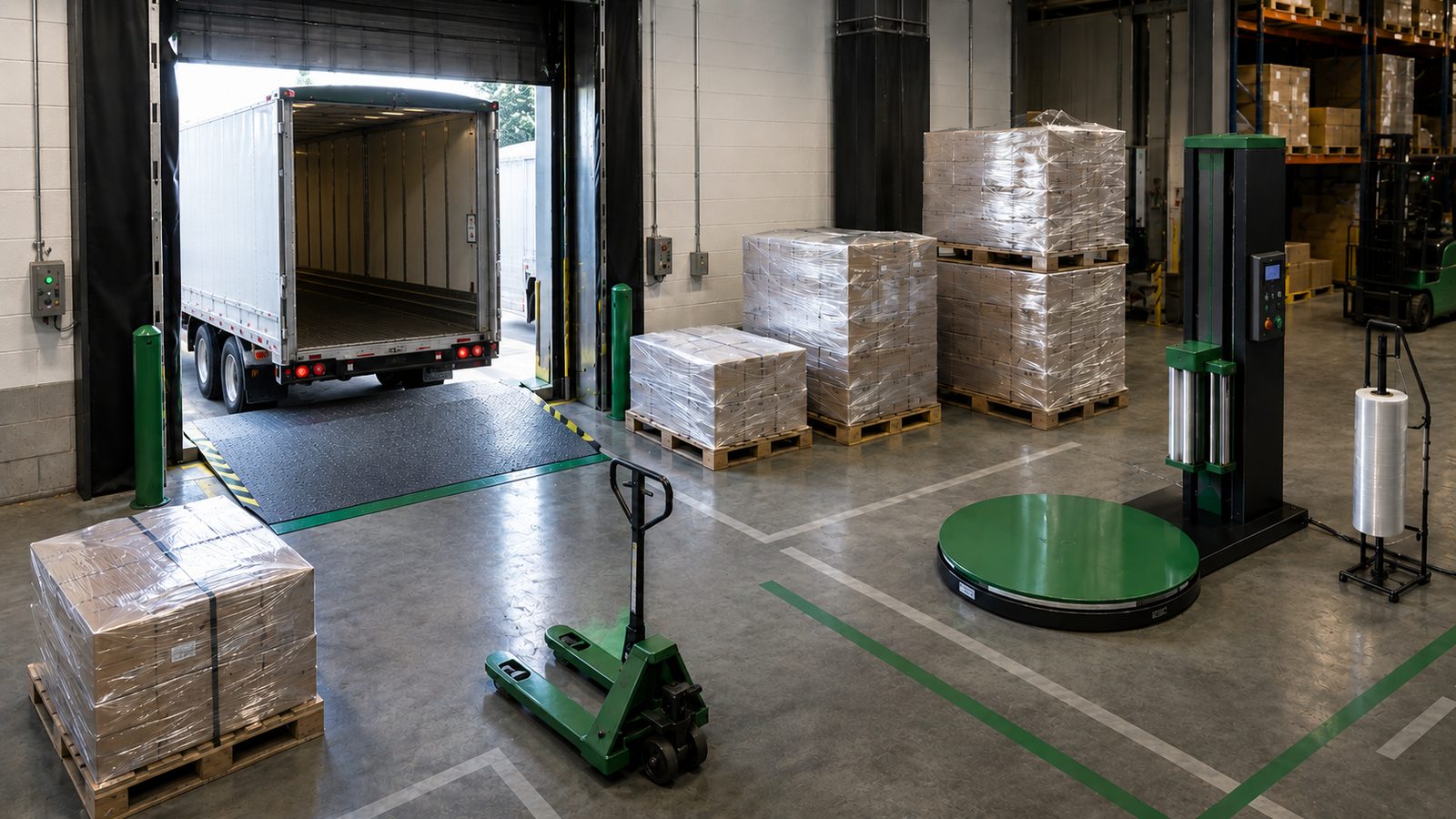 A warehouse loading dock: a trailer backed into an open dock door, stretch-wrapped pallets staged on the floor, a pallet jack, and a turntable stretch wrapper with a roll of film.