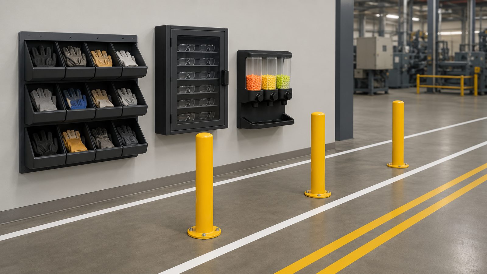 A PPE dispenser wall in a plant: a twelve-bin rack of work gloves, a closed glazed cabinet of safety glasses, and a three-hopper earplug dispenser with a catch tray. Three yellow bollards on base plates separate a white-lined pedestrian walkway from a yellow-lined vehicle aisle running past the production floor.